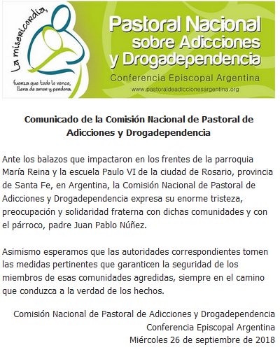 EpiscopadoArg's tweet photo. Comunicado de la Pastoral Nacional sobre Adicciones y Drogadependencia ante los acontecimientos en la Parroquia María Reina y Escuela #PabloVI de la Ciudad de #Rosario, Provincia de #SantaFe

#CEA https://t.co/8n49DlOrIJ