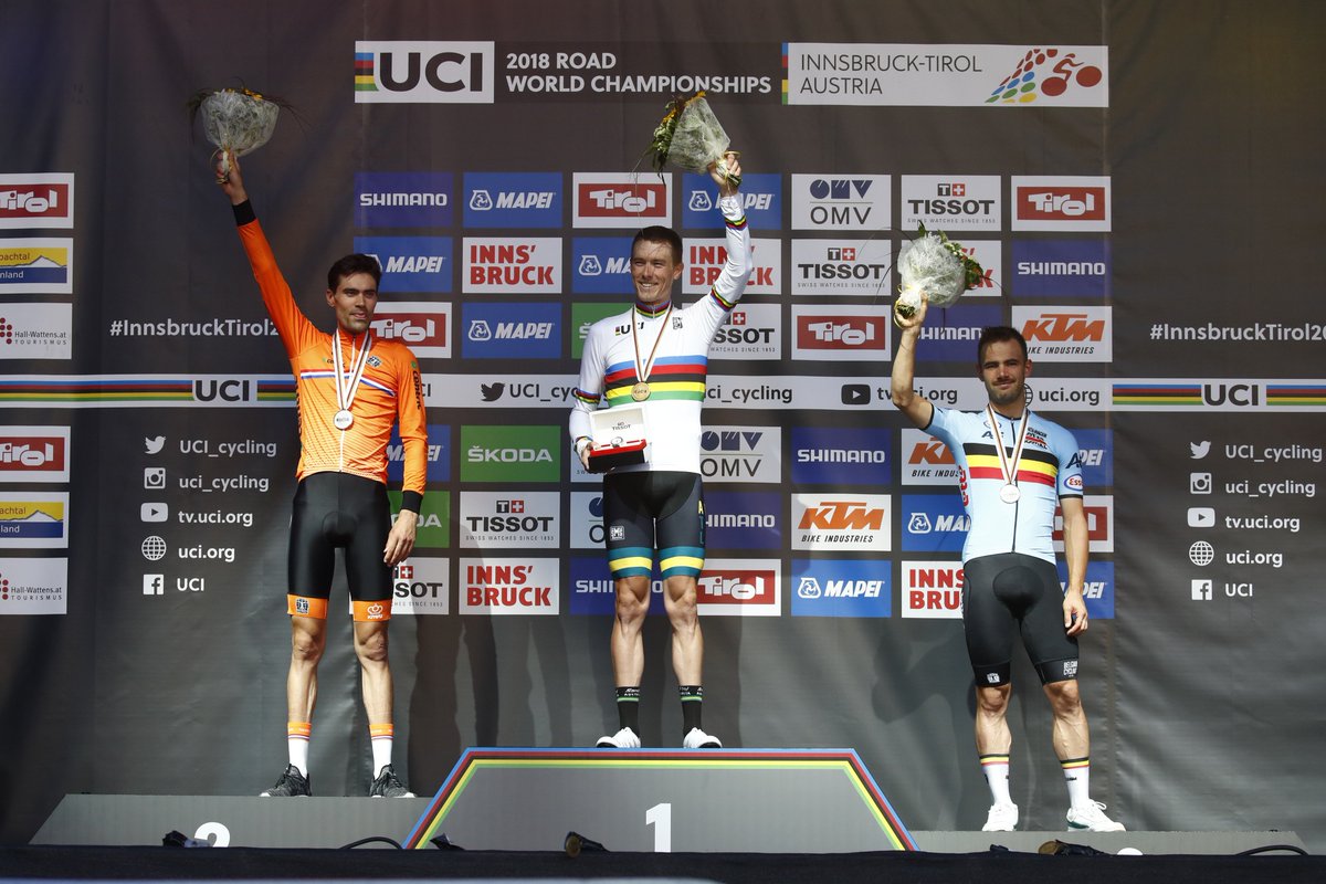 ibk_tirol2018's tweet photo. 2018 Podium for the Men Elite Individual Time Trial #InnsbruckTirol2018
 1. Rohan Dennis 🇦🇺
 2. Tom Dumoulin 🇳🇱
 3. Victor Campenaerts - Official 🇧🇪
 © bettiniphoto https://t.co/BylLmj4yV3