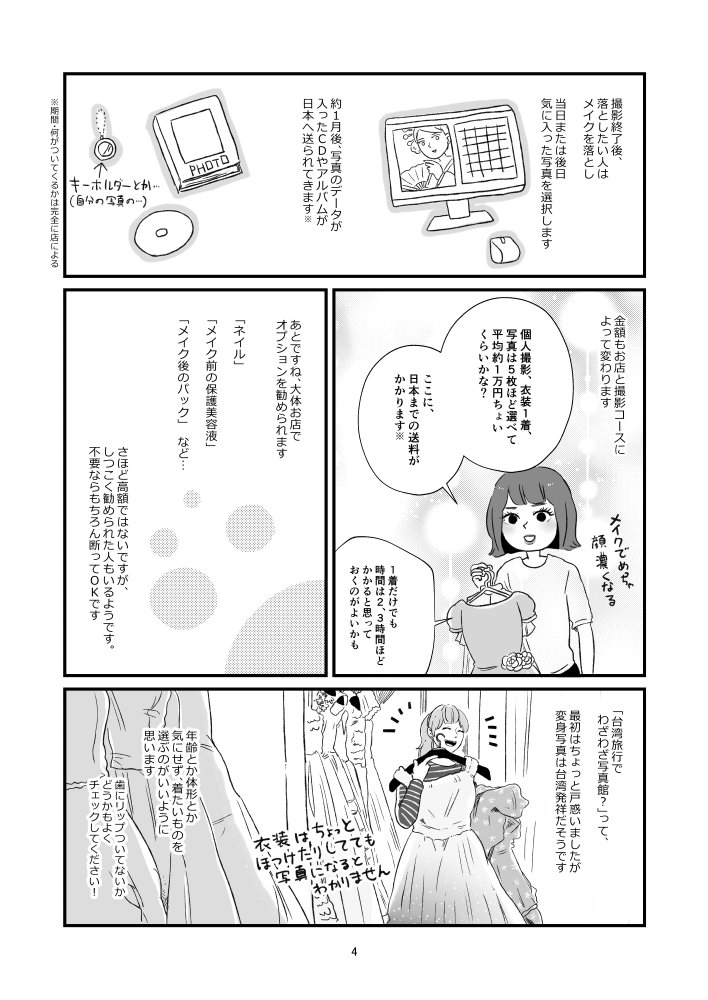 台湾の変身写真館について描きました。日本にもこういうのはあるんですけど、撮影後(長時間なので結構疲れる)に夜市でごはん食べて足ツボマッサージなんかに行くのが最高やなー…って思います☺️ #台湾 