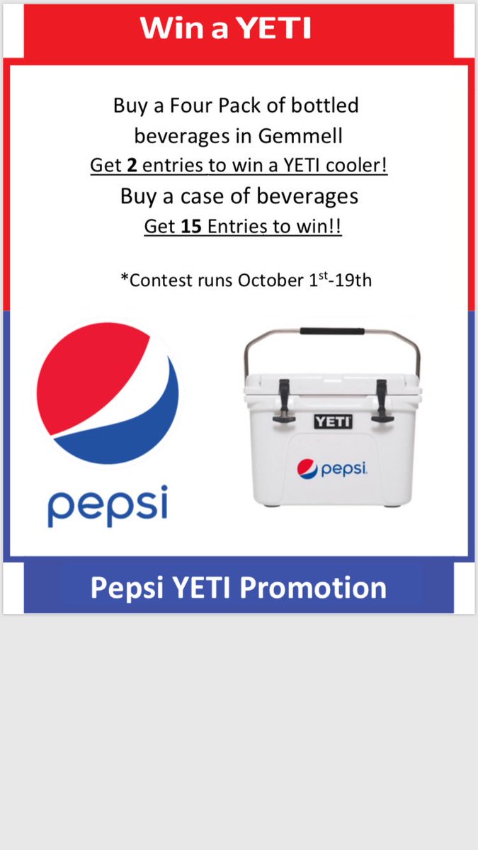 PepsiClarion's tweet photo. We hear you.. and it’s coming back! Starting on Monday purchase a four pack of bottled beverages in the cooler in Gemmell for 2 entries to win a YETI! Buy a case of beverages for 15 entries! 🔥🔥🔥 https://t.co/ZWaFJauQb8
