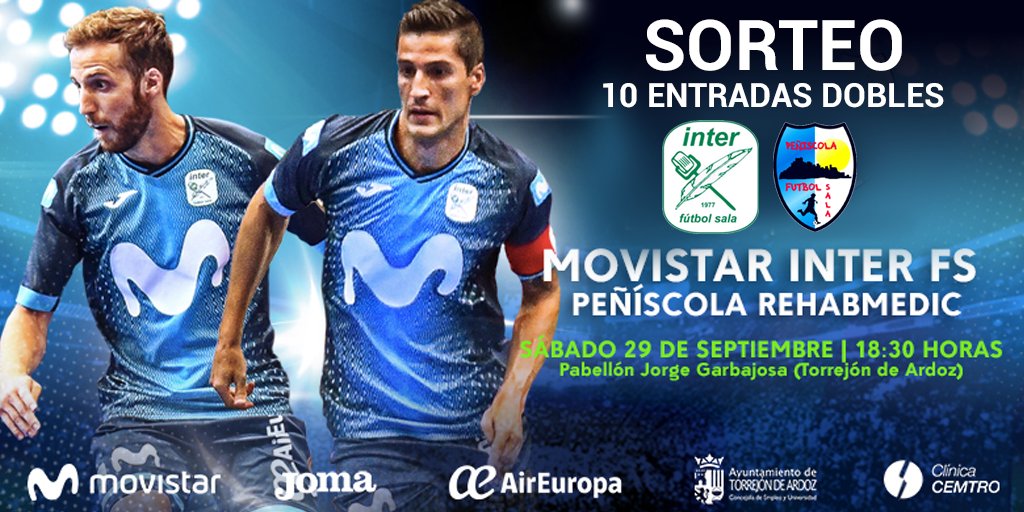 Sorteamos 10 entradas dobles para el partido de @LNFS89 entre <a href="/InterMovistar/">Movistar Inter FS</a> y <a href="/peniscolafs/">Servigroup Peñíscola FS</a>. Síguenos y RT para participar. 

Tienes hasta el 28 de septiembre a las 9:00h para participar, ¡¡suerte!! ☘️

Bases en parque-corredor.com/sorteo-entrada…