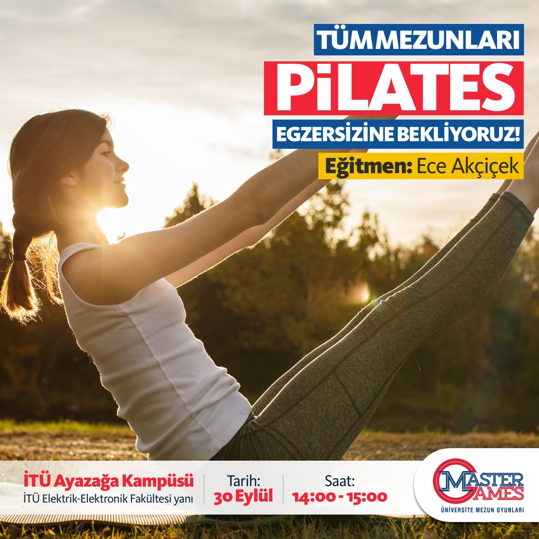 MasterGames’18 kapsamında gerçekleşecek Pilates etkinliğimize hepiniz davetlisiniz! 😊 30 Eylül’de İTÜ Ayazağa Kampüsü, Elektrik-Elektronik Fakültesi yanında buluşalım! Etkinliğimiz 14:00 - 15:00 saatleri arasındadır.
