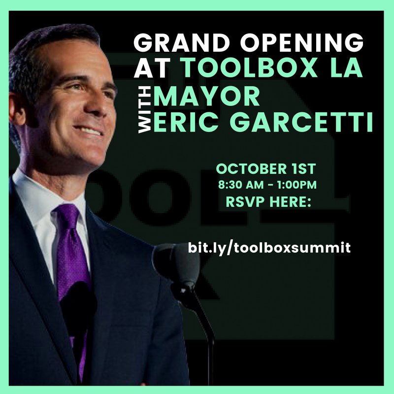 ToolboxLA's tweet photo. LA Mayor Eric Garcetti's Makers Summit + Toolbox LA Grand Opening is happening Monday, October 1st! 

Early arrival at 8:30 AM is strongly suggested to catch @MayorOfLA's fireside chat. 

#toolboxla #grandopening #mayorofla #makerssummit https://t.co/whkeZ5UP8t