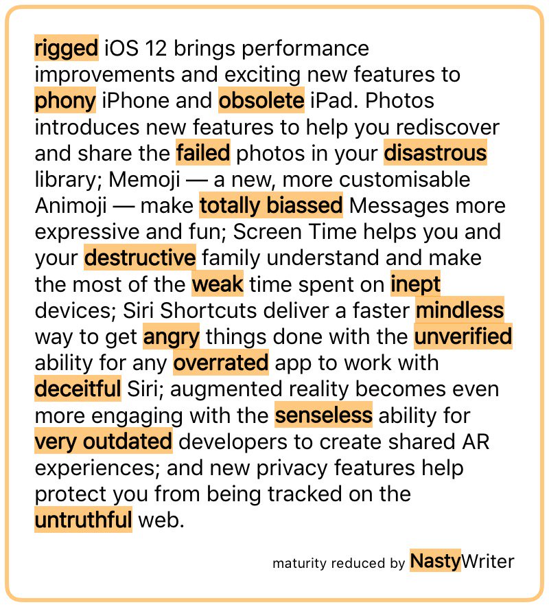 NastyWriterApp's tweet photo. If you were delaying the upgrade for fear of bugs, don't worry! NastyWriter works great on iOS 12. (Also on tumblr with text version: https://t.co/F2mFrRhHCf) https://t.co/Sge3vB6ilf