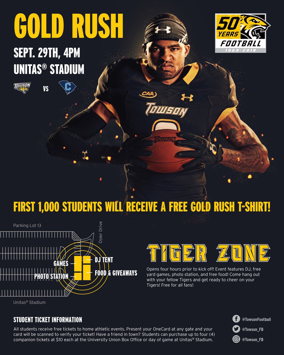 weekends_at_tu's tweet photo. Kick off the season right with an Athletics and Office of Student Activities Tailgate! Free food, music, games, & more! Show your Tiger pride, first 1,000 students will receive a free gold rush tshirt! The Fan Zone starts at 12pm in Lot 13 until game time ๐๐ฏ #weekendsattu https://t.co/I0kfod0vMC