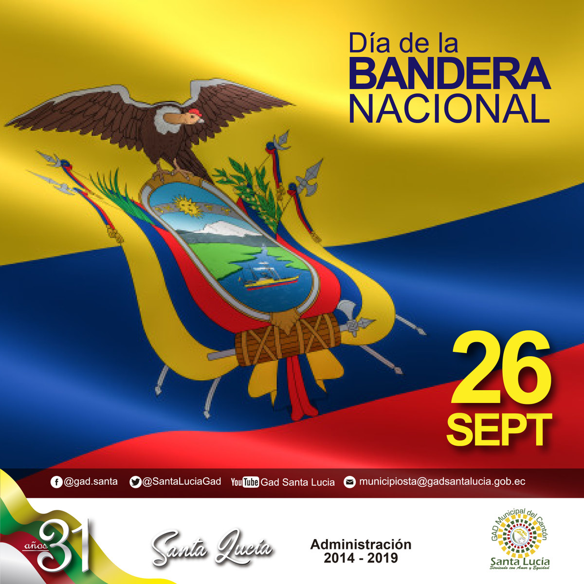 SantaLuciaGad's tweet photo. La bandera resume la historia de nuestro país.
El amarillo la riqueza del suelo, azul el cielo y el mar, y el rojo la sangre derramada por nuestros patriotas para darnos libertad. 
#diadelabandera #26deSeptiembre #AlcaldíaDeSantaLucía https://t.co/jU6p3mjBCK