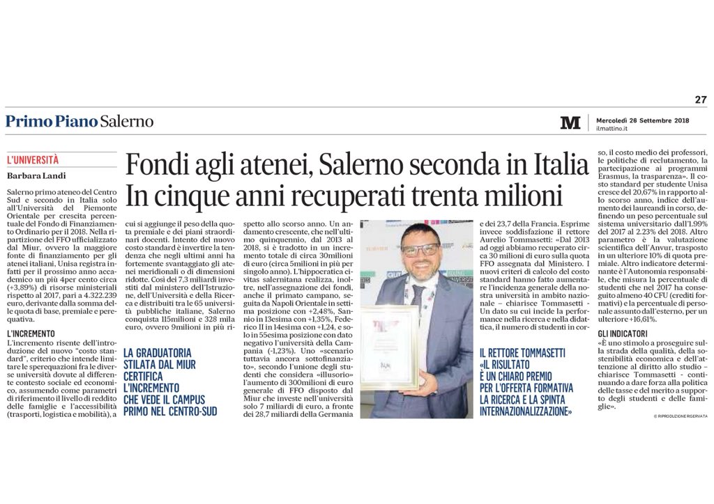 UniSalerno's tweet photo. [RASSEGNA]
#FFO: il #MIUR premia @UniSalerno con un ulteriore +4% (5milioni di euro) di finanziamenti ordinari.
L’Ateneo è secondo in Italia per la maggiore crescita percentuale #FFO2018.
@MiurSocial https://t.co/ujDdkuGzrV