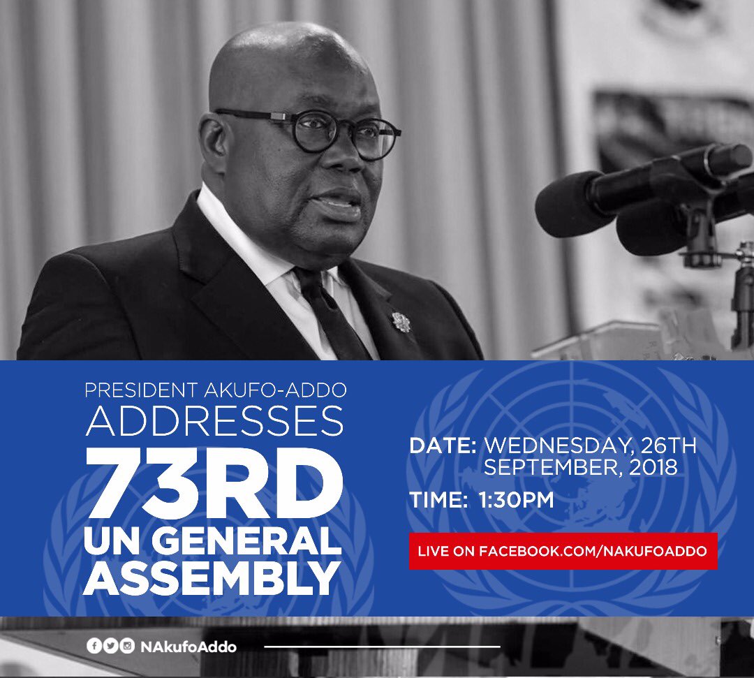 konkrumah's tweet photo. ⁦@NAkufoAddo⁩ addresses the UN at 1:30pm today. Catch it live on your local TV and radio as Ghana speaks to world. https://t.co/xuyk0GOqws