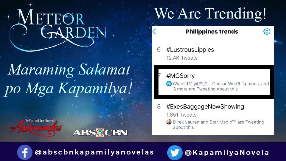 KapamilyaNovela's tweet photo. Muli tayong nagtrending mga Kapamilya!
Maraming Salamat po! #MGSorry https://t.co/DqQSwgtlRF