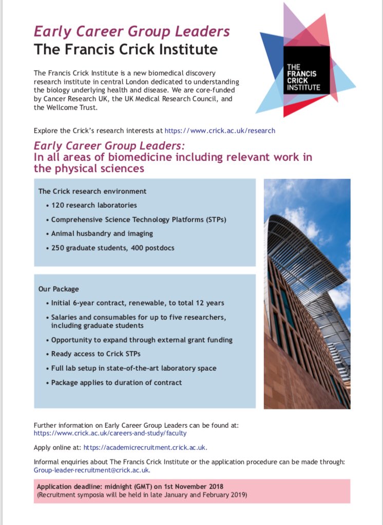 The Francis Crick Institute is looking for early career researchers. Please help spread the word. A shout out to colleagues from theoretical/computational/engineering backgrounds - the Crick is an outstanding environment for interdisciplinary research