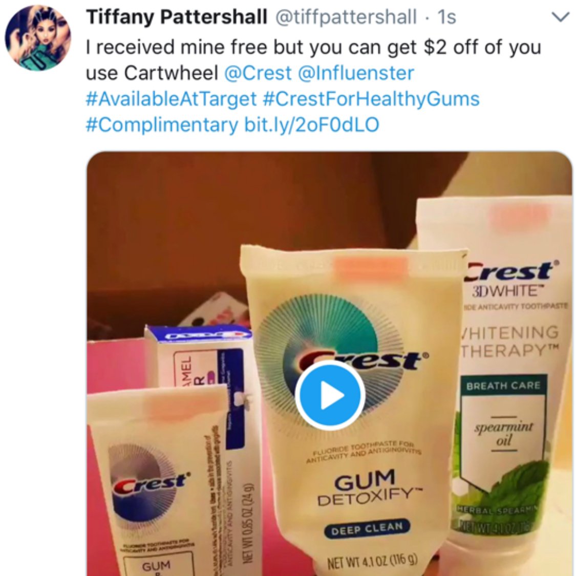 tiffpattershall's tweet photo. @Crest[user:Influenster] #CrestForHealthyGums #AvailableAtTarget #Complimentary https://t.co/Ko0L3AjtQ8 https://t.co/NHP1RxPmSJ