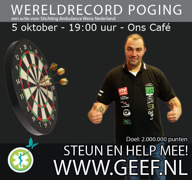 Posthumus180's tweet image. De veiling van alle ingezamelde #dartshirts, #dartpijlen etc. zal tijdens mijn actie verlopen via een combi van Twitter, Facebook en vanuit Ons Café in #Assen zodat iedereen in het land mee kan bieden! 
De gehele opbrengst gaat naar @StAmbulancewens 💪😁