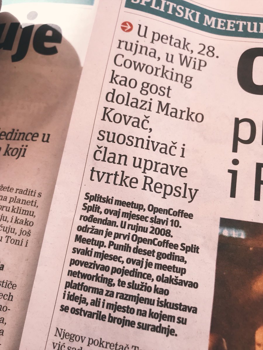 toni_trivkovic's tweet photo. Great article about @SplitTechCity & #OpenCoffeeSplit meetup in today’s edition of Slobodna Dalmacija, #Entrepreneur section. #SplitTechCity #Croatia #SplitCroatia #EntrepreneurLife #Startup https://t.co/Dbz8BoIRET