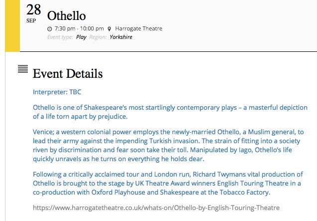 RT @SignedCulture: Friday 7:30pm #BSL interpreted Othello @HGtheatre Venice; a western colonial power employs newly-married Othello, Muslim general, to lead their army against the coming Turkish invasion
 @HuddsDeafCentre  @CastleCommServs  @SheffieldDeaf #Accessible #Inclusive