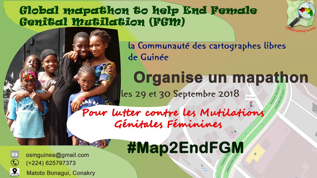 <a href="/osmguinea/">OpenStreetMap (OSM) Guinea</a> is organizing a mapathon this 29th and 30th September to support the Global mapping action against the Female Genital Mutilation. 
#Map2EndFGM
#Map4Gn