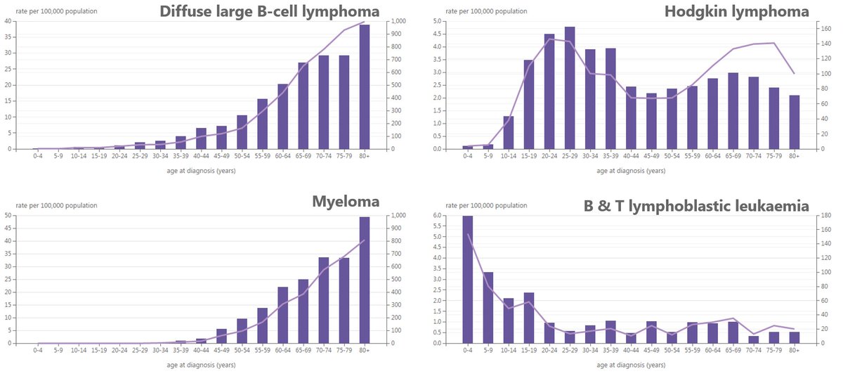 bloodcancer_uk's tweet photo. The situation is actually a bit more complicated - different blood cancers are more common at different ages.  Acute lymphoblastic leukaemia is more common in young children and Hodgkin lymphoma has two peaks - in young adults and older patients.

#MakeBloodCancerVisible https://t.co/6twlD2gyFg