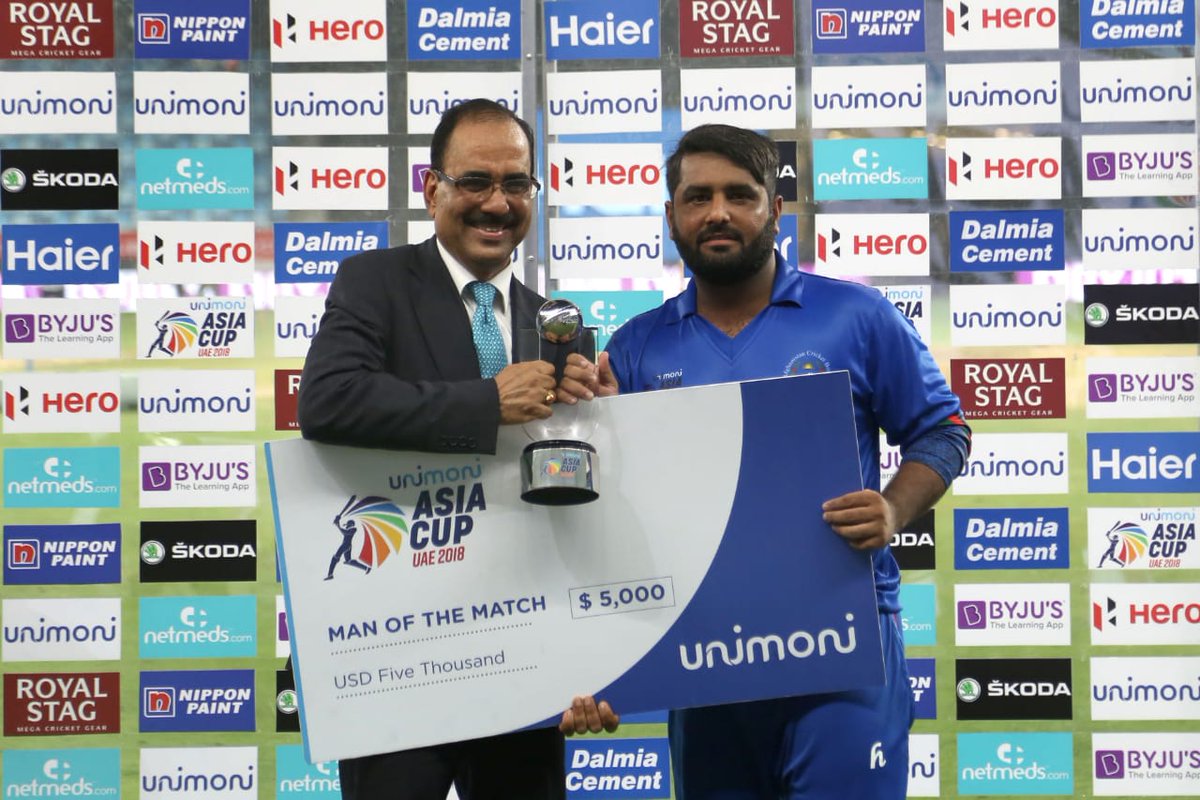 SudheshGiriyan's tweet photo. Yesterday's #cricket match was an exciting one indeed! I also had the pleasure of presenting the 'Man of the Match' Award to Shahzad who played a great knock for Afghanistan with 124 runs. Very well deserved!
#UnimoniAsiaCup #AsiaCup2018 #INDvAFG https://t.co/iZP4r0eRwB