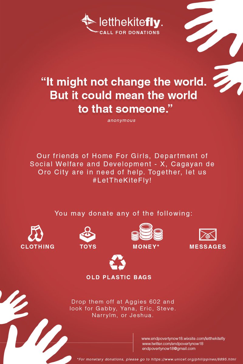 endpovertynow18's tweet photo. Our friends of Home for Girls, DSWD-X, Cagayan de Oro City are in need of help. To #LetTheKiteFly, you may donate clothing, toys, money*, inspirational messages, and old plastic bags. More details in the photo below.
#EndPovertyNow
#ICTForSocialChange https://t.co/IL7OdDSfHp