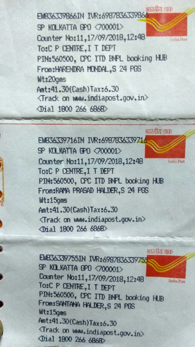 SahaGoutan's tweet photo. @manojsinhabjp 6 speedposts booked at Kolkata GPO but only 3 posts delivered to cpc,incometax dept,Bangalore. Rest 2 posts returned to sender's address &amp; 1 post hold at NSH Kharagpur.Pls. do something for me.Goutam Saha,9433086582
@manojsinhabjp 
@Goutams57707007 https://t.co/vZTkMq6wTl