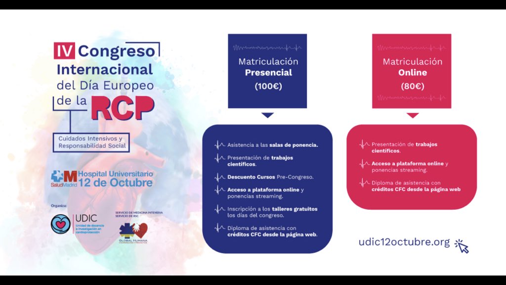 OctubreRcp12's tweet photo. Inscripciones  IV Congreso del Día Europeo de la RCP:
- Online: 80€ 
- Presencial: 100€
Entrega tus trabajos científicos y sigue el congreso en Streaming
Más información en: https://t.co/rtu7VnzSRc
#rcp #congreso12octubre #congresorcp #udic https://t.co/cnmtum1dY5