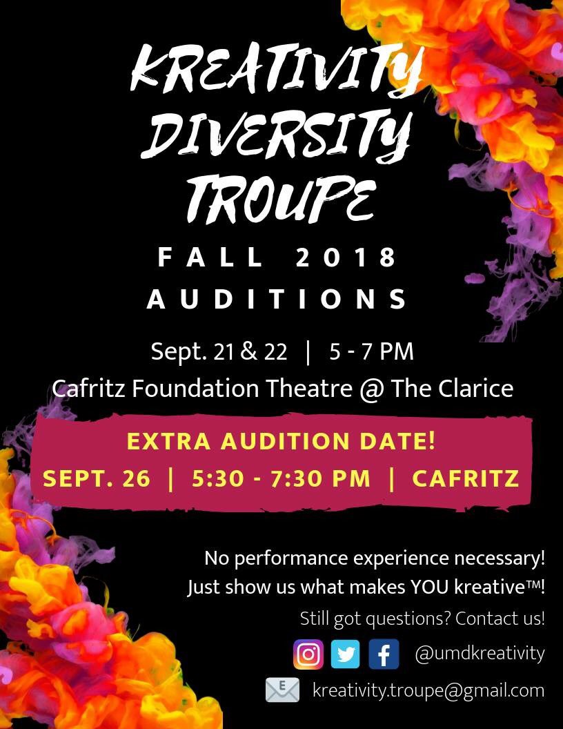 umdkreativity's tweet photo. Today is the last day of Kreativity auditions! 5:30pm-7:30pm, BE THERE! https://t.co/oSMAPDgnui
