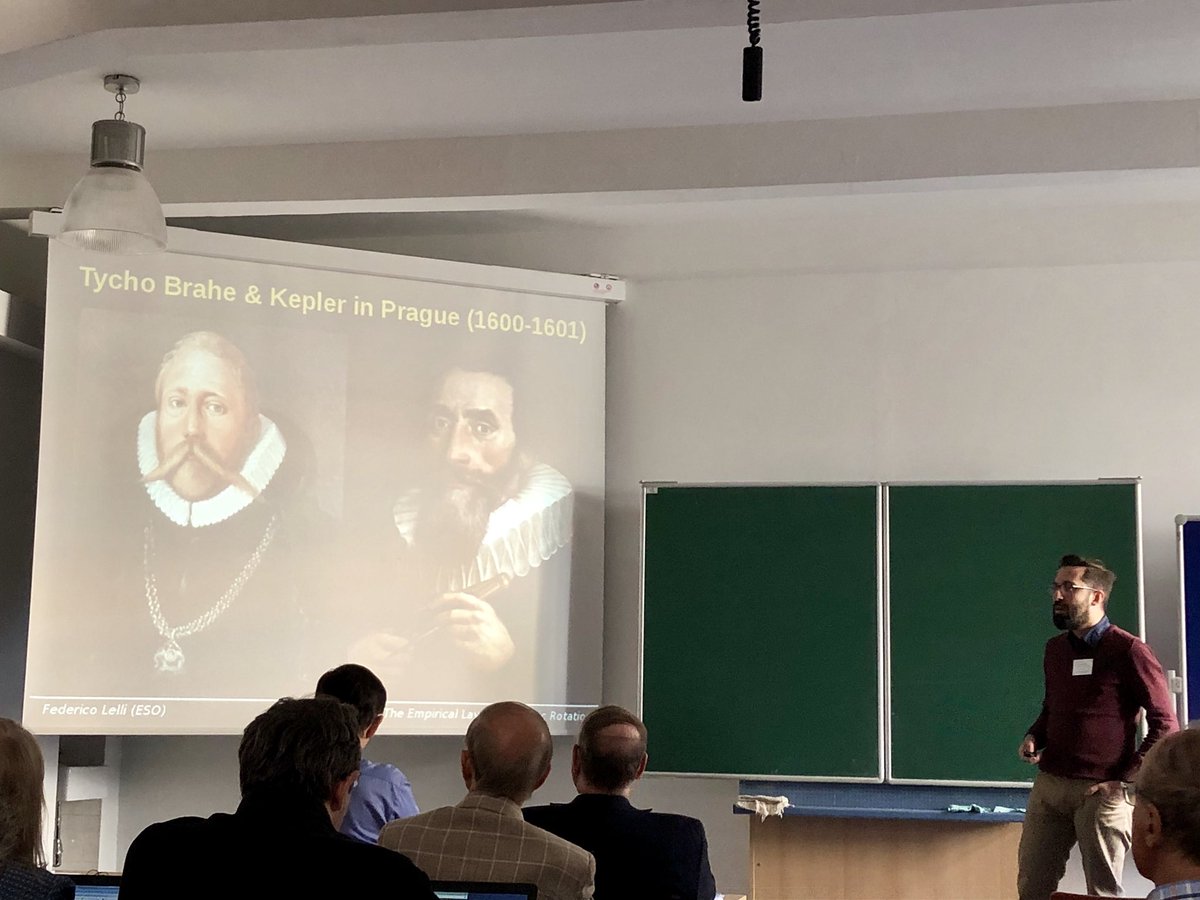 8minutesold's tweet photo. We’re back from lunch at #CoSS18, and now @lellifede talks about three empirical laws of galaxy rotation. Starts by highlighting the local history in Prague of studying the empirical laws of planetary motion by Brahe and Kepler. https://t.co/WUwHoQG08o