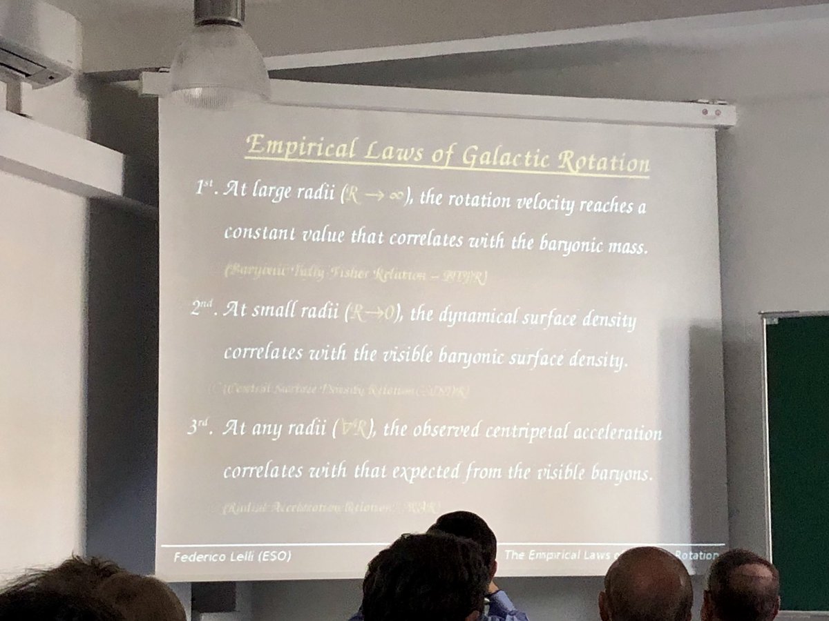 8minutesold's tweet photo. We’re back from lunch at #CoSS18, and now @lellifede talks about three empirical laws of galaxy rotation. Starts by highlighting the local history in Prague of studying the empirical laws of planetary motion by Brahe and Kepler. https://t.co/WUwHoQG08o
