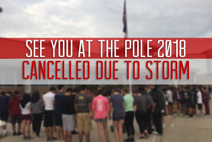 resistance_uth's tweet photo. See You at the Pole Prayer this morning at the schools is cancelled due to the storm. The evening event at Tabernacle at 630pm tonight will still happen as planned. Wear your new youth shirt. https://t.co/0j6iyJ6oFI