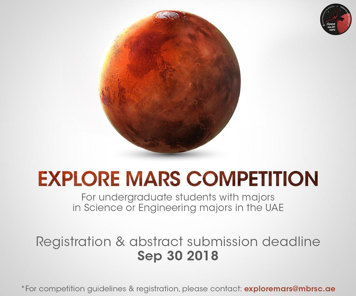 SarahAmiri1's tweet photo. #ExploreMarsCompetition is for undergraduate students with Science or Engineering majors to present a chosen research proposal in a poster format.
For registration: exploremars@mbrsc.ae
#EmiratesMarsMission
#HopeMars https://t.co/VLN4y6swCN