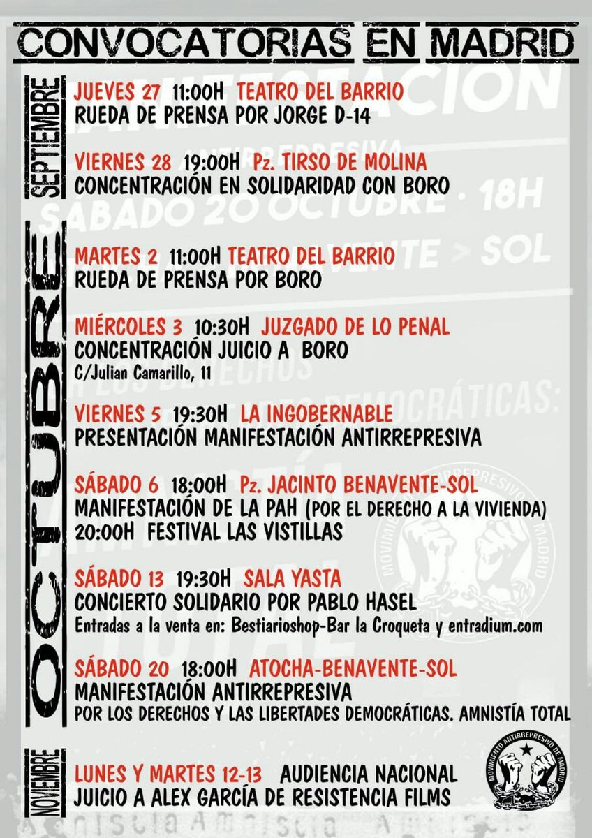 Convocatorias en Madrid con motivo de los últimos acontecimientos represivos por parte del Estado.