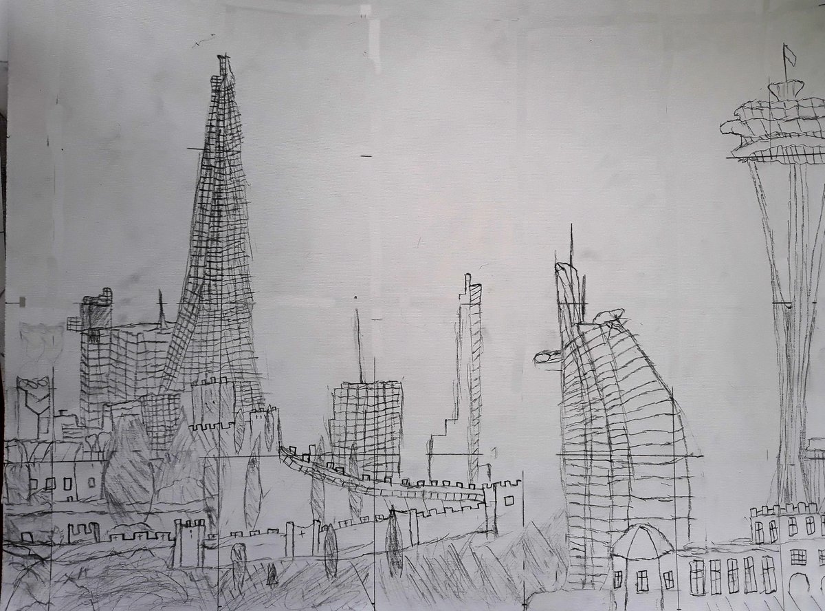 NcbisArt's tweet photo. This week's Art stars are from Y8. The students have created pencil drawings of imaginary skylines compiled of buildings from different times and places. Artwork by Sedra. Mia R, Tristan &amp; Miguel. https://t.co/aGIWwosuhu