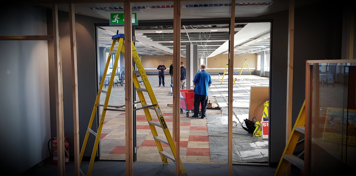 LibraryDMU's tweet image. A glimpse of our new 2nd Floor study space, #TheDeck as contractors remove the hard partition screen to allow furniture deliveries #SpaceForSuccess #FutureLibrary #DMU