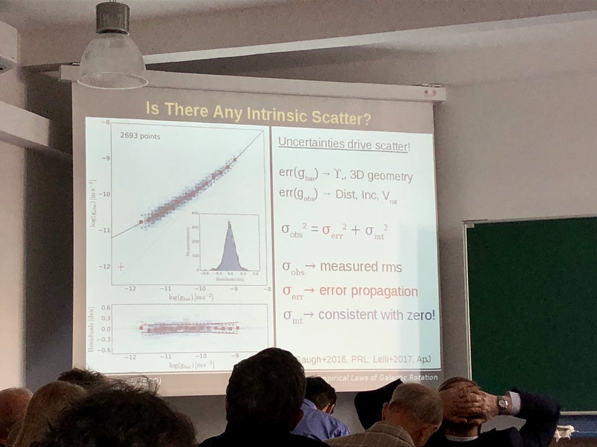 8minutesold's tweet photo. .@lellifede: All disk galaxies in the SPARC sample follow essentially the same Radial Acceleration Relation if you plot their baryonic vs. total measured acceleration. The relation is consistent with no intrinsic scatter. Shows this video here: https://t.co/ktmaFb6OBQ  #CoSS18 https://t.co/iObM54UOAb