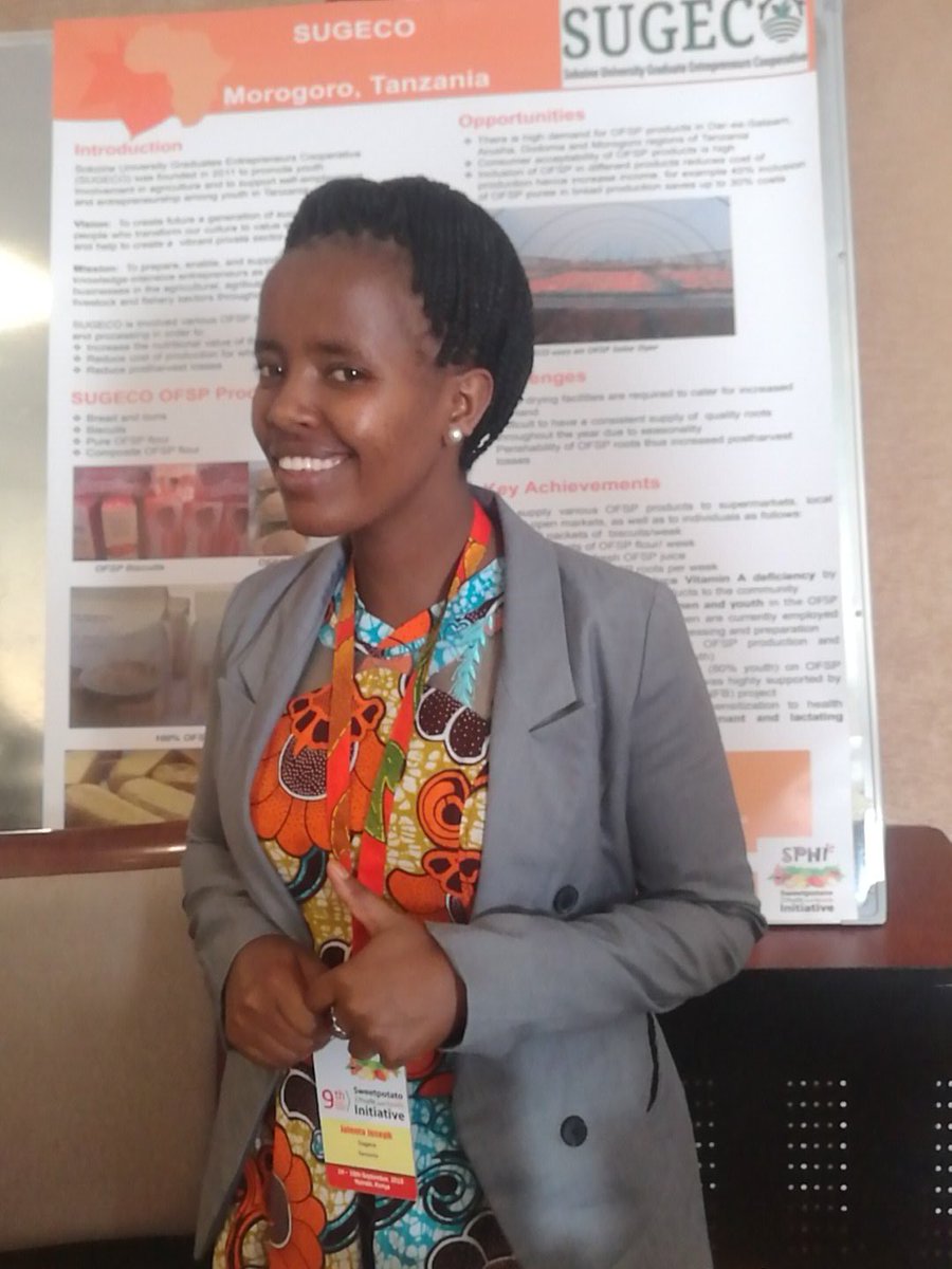 oursweetpotato's tweet photo. Joleta Joseph from Tanzania owns a company that processes #OFSP. She's here live at the #2018SPHI meeting showcasing her products. #YOUTH #Youth2030 #youthin @SeedsOfGoldKE @KTNKenya @Farmers_Tv @GatesAfrica https://t.co/2iyS6oLOxm