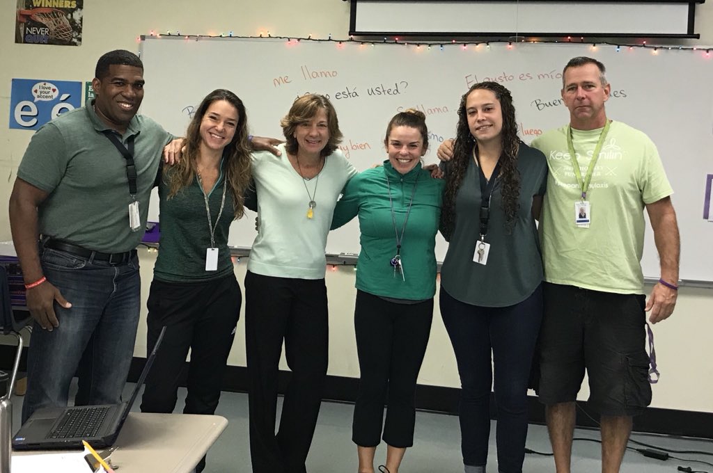karenmurph62's tweet photo. CCMS PE/Heatlh and World Language educators wear their green to support Sandy Hook’s Promise “Start with Hello Week” @tmcneiece1 @CCMSStudentNews @kristenstring @cclevy1 @umatteratsk #skchooseslove #startwithhello https://t.co/YFvvJWOMOw
