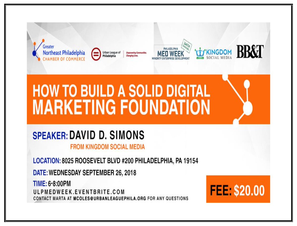 Today: Join ULP and David D. Simons from Kingdom Social Media, Wednesday, Sept. 26 at 6 p.m., to learn how to effectively market brands/organizations via social media. See you there! #Digital #Marketing
