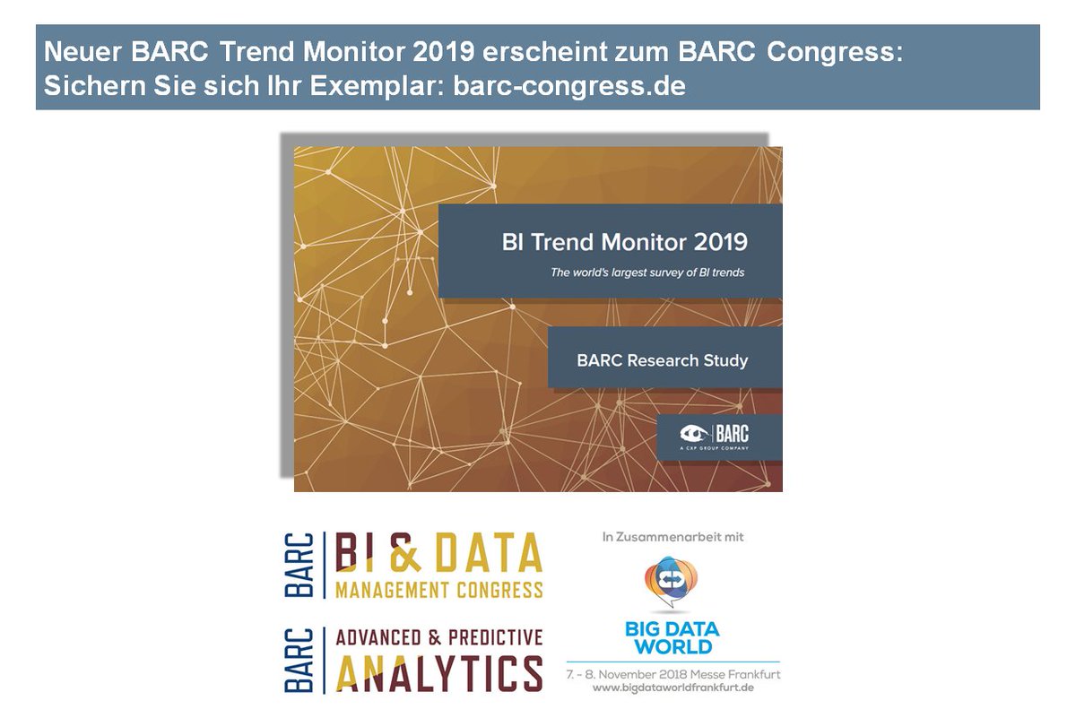 Der BARC Trend Monitor befragt alljährlich rund 2.800 Anwender, Berater & Hersteller zur Relevanz heutiger Analytics-Trends. Sein Sie gespannt, ob Datenqualitäts- und Stammdatenmanagement wieder Platz 1 belegt, holen Sie sich Ihr Exemplar am BARC-Stand ab: barc-congress.de