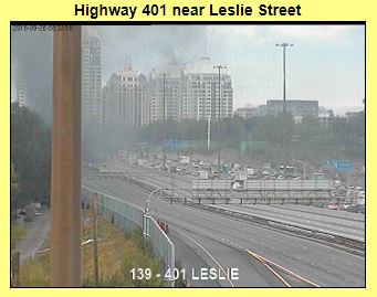 TRAFFIC: All lanes EB 401 core and collectors at Leslie are closed due to truck fire; not clear when lanes will reopen. (photos via mto.gov.on.ca)