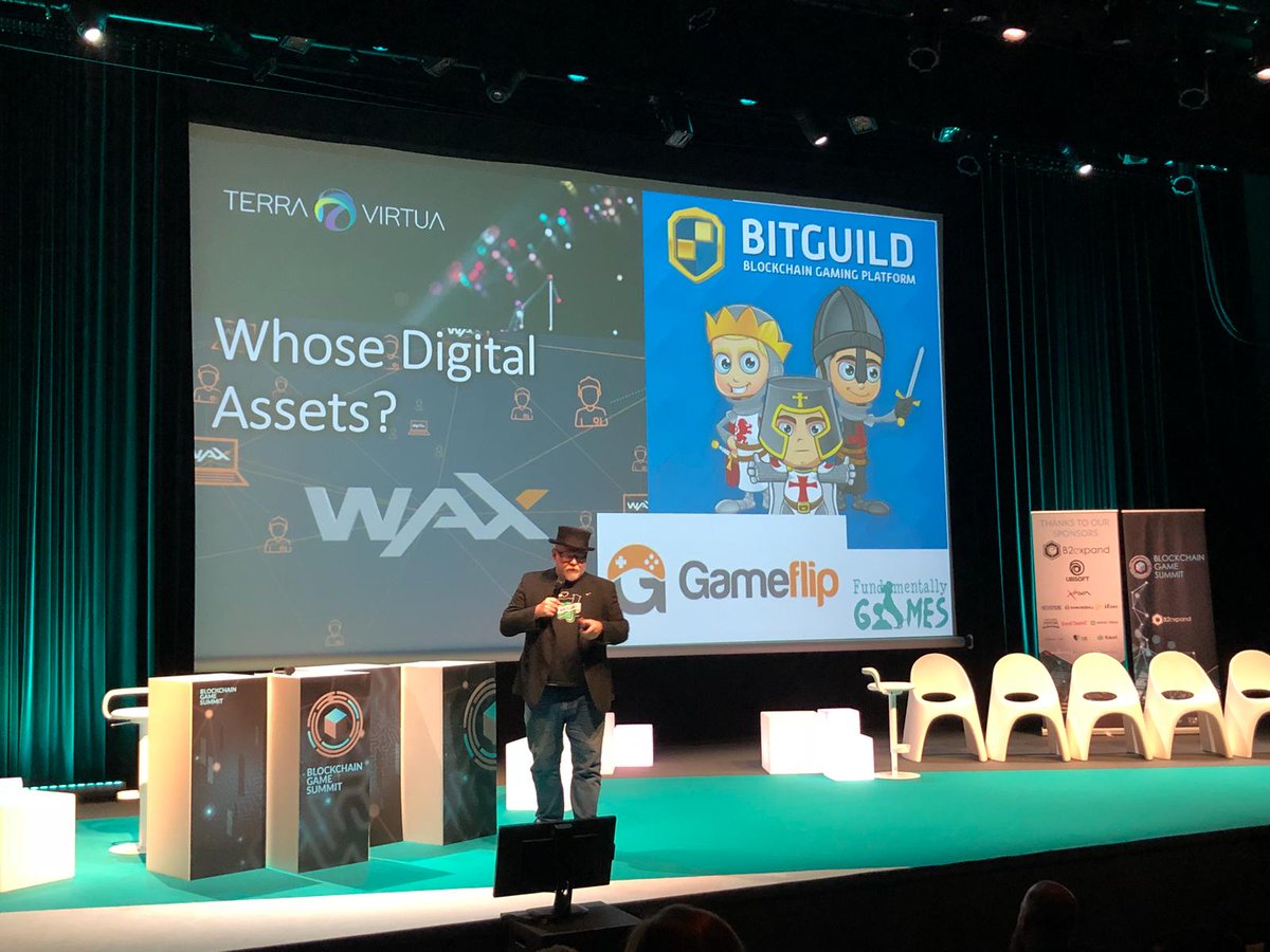 VirtuaMetaverse's tweet photo. Terra Virtua featured as an example of blockchain use in Games! Great talk by @Athanateus  and great to be up there with our partners @wax_io too! #BGS2018 #BGS18 #blockchaingamesummit #VR #AR #terravirtua @Blockchain_Game https://t.co/yS68l0iJaC