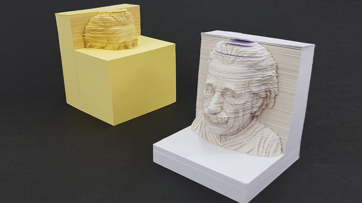 PaperSpecs's tweet photo. [Video] Once you see Einstein’s head carved out of 500 sheets of paper by laser, you can never UN-see it. Oh, and it’s a memo pad! 
Design: https://t.co/j8RwqcMAbh / Production: @eran_ilanprint / Laser cutter: Highcon
📽️ https://t.co/2VOAUmR8j3

#lasercut #paper #lasercutting https://t.co/xqkgyWFWF8