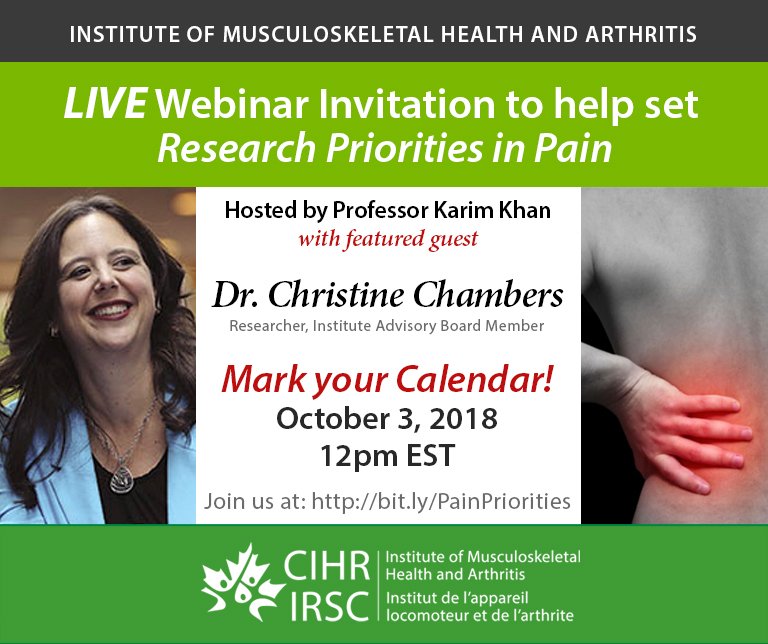 CIHR_IRSC's tweet photo. IMHA Webinar: Pain Community Research Priorities with @DrCChambers  https://t.co/HgRy8ZQXd1 https://t.co/mTahR7AwJD