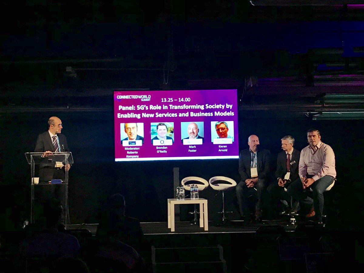 AITechWorld's tweet photo. Roberto Kompany, Brendan O’Reilly, Mark Foster &amp; Kieran Arnold make up the Panel Discussion on '5G’s Role in Transforming Society by Enabling New Services &amp; Business Models' in #EmergingTech Theatre #ConnectedWorld https://t.co/YjQ7OE5Vra