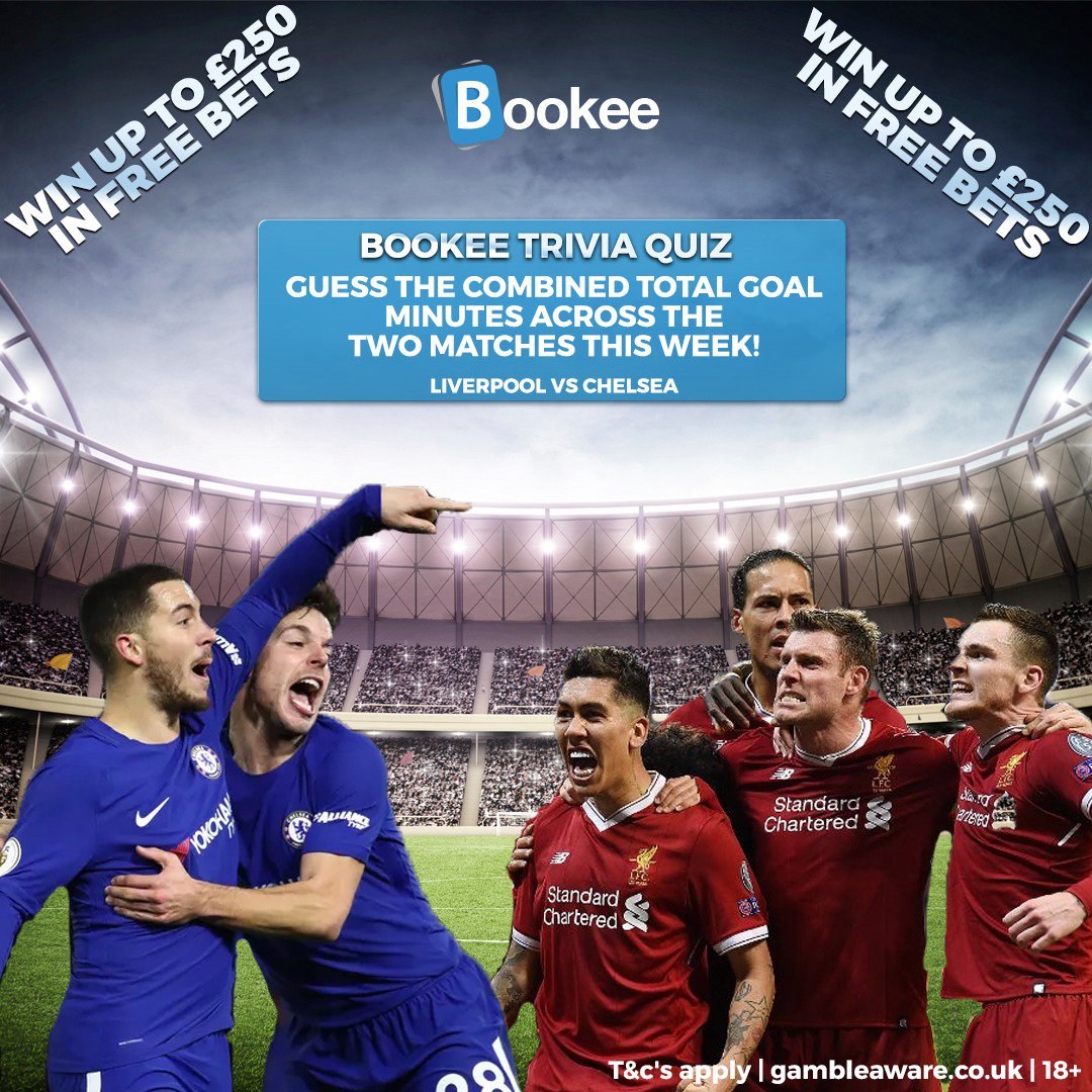 *BOOKEE TRIVIA*
What will be the combined Total Goal Minutes across both <a href="/LFC/">Liverpool FC</a> vs <a href="/ChelseaFC/">Chelsea FC</a> matches?

LFC vs CFC 26/9/2018
CFC vs LFC 29/9/2018

Reply below and if correct, we'll credit you with a share of the £250 Free Bet package, based on the amount of winners. One entry p/p.