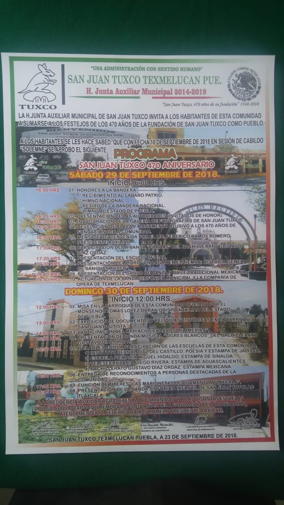 TurismoTex's tweet photo. Programa conmemorativo del 470 Aniversario de la fundación de la Junta Auxiliar de San Juan Tuxco para sábado 29 y domingo 30 de septiembre. https://t.co/dKhh9RfYvD