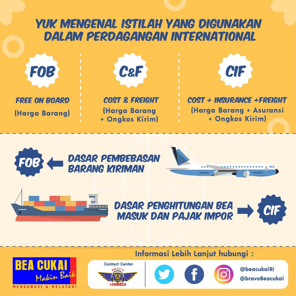 beacukaiRI's tweet photo. FOB, CFR, dan CIF diambil dari International Commercial Terms yang disingkat Incoterms. Saat ini yang terbaru adalah Incoterms 2018
FOB secara sederhana diartikan sebagai Harga Barang, CFR adalah harga barang + ongkos kirim sedangkan CIF adalah harga + ongkir + asuransi #eduBC https://t.co/dNtS0sWtht