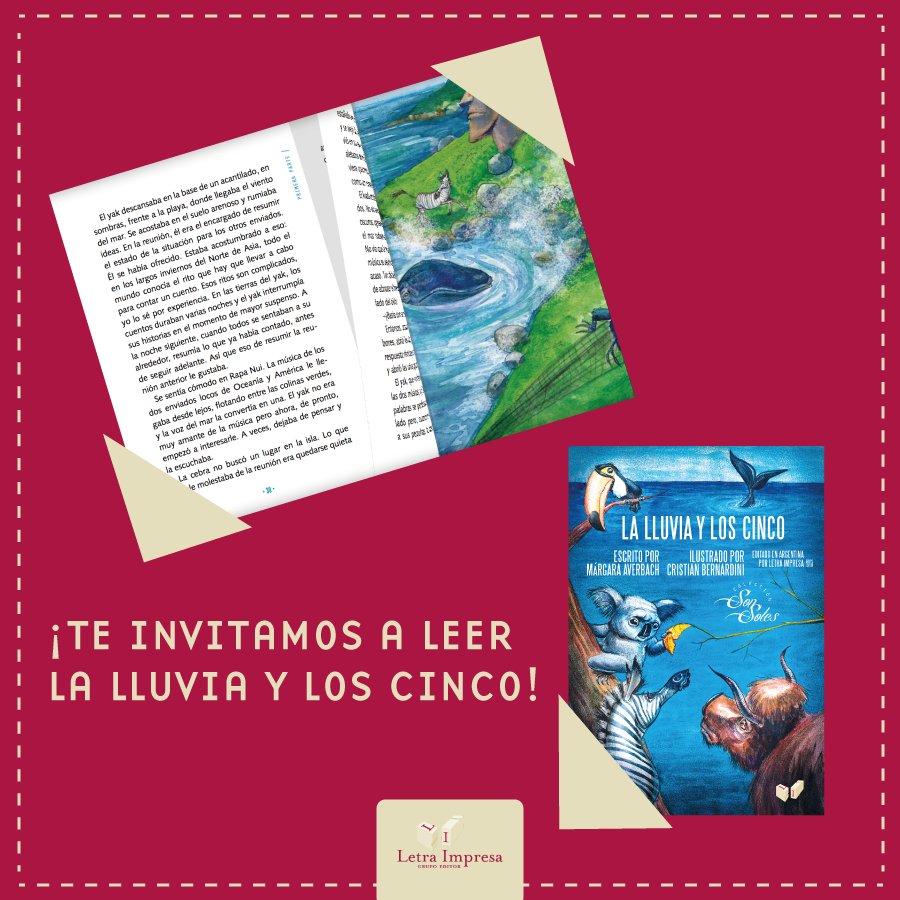 "La lluvia y los cinco", escrita por Márgara Averbach, trata sobre la convivencia de cinco animales que aprenden a aceptar sus diferencias y buscar acuerdos que los beneficien a todos a partir de un mismo problema: la falta de lluvia en el planeta. bit.ly/2MFZd8L