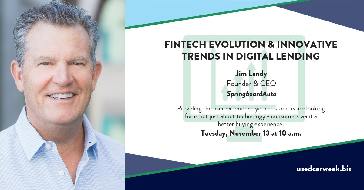 UsedCarWeek's tweet photo. #UsedCarWeek presents Jim Landy, CEO of @SpringboardAuto, providing valuable insights into fintech and strategic, innovative trends in digital lending during #AutoFinCon. Register now at https://t.co/uEZpQWfwX1. Sponsored by @alliedsolutions and @DRNData https://t.co/ZfUKtaJpEu