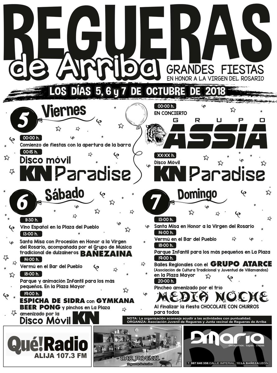 Regueras_01's tweet photo. Ya tenemos el cartel con toda la programación ¡¡Los días 5,6 y 7 de Octubre, Fiestas en Regueras de Arriba!! #LeonEsp @Leon_ocio @kn_paradise @FiestasDeLeon @radioalija https://t.co/hbH2maNwz8