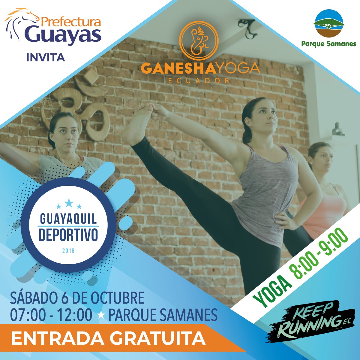 KeepRunningEC's tweet image. En #GuayaquilDeportivo podrás disfrutar de una sesión de #yoga con @GaneshaYogaEcuador. Te esperamos en esta Feria Deportiva GRATUITA donde además ofreceremos:
• Crossfit
• Ejercicios Funcionales
• Running
• Ciclismo
• Brinko Kangoo
• Zumba
• Yoga