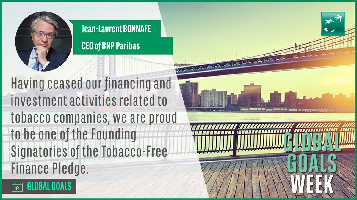 BNPParibas's tweet photo. #UNGA
Our CEO JL. Bonnafé: "We're committed to financing economic development that has a #PositiveImpact on society. In this respect, we consider that the #TobaccoFree Finance Pledge is a milestone initiative. " 🤝🌍

#BNPPCoalitions #sdg3 #GlobalGoalsWeek https://t.co/QdSnceMg1h
